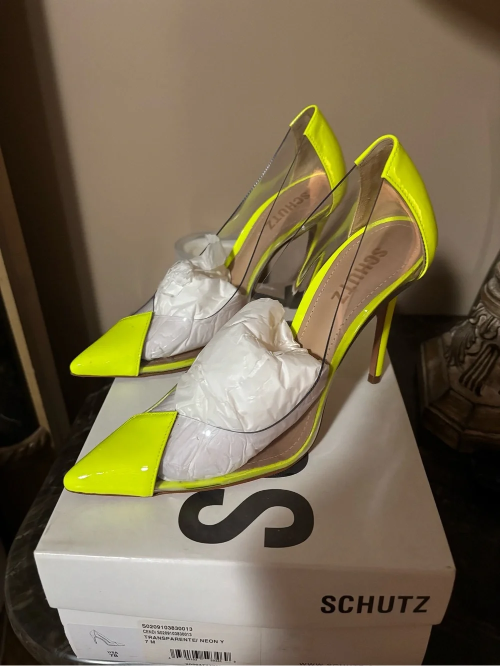 Schutz Clear Panel Neon Yellow Pointed Toe Stiletto Pumps